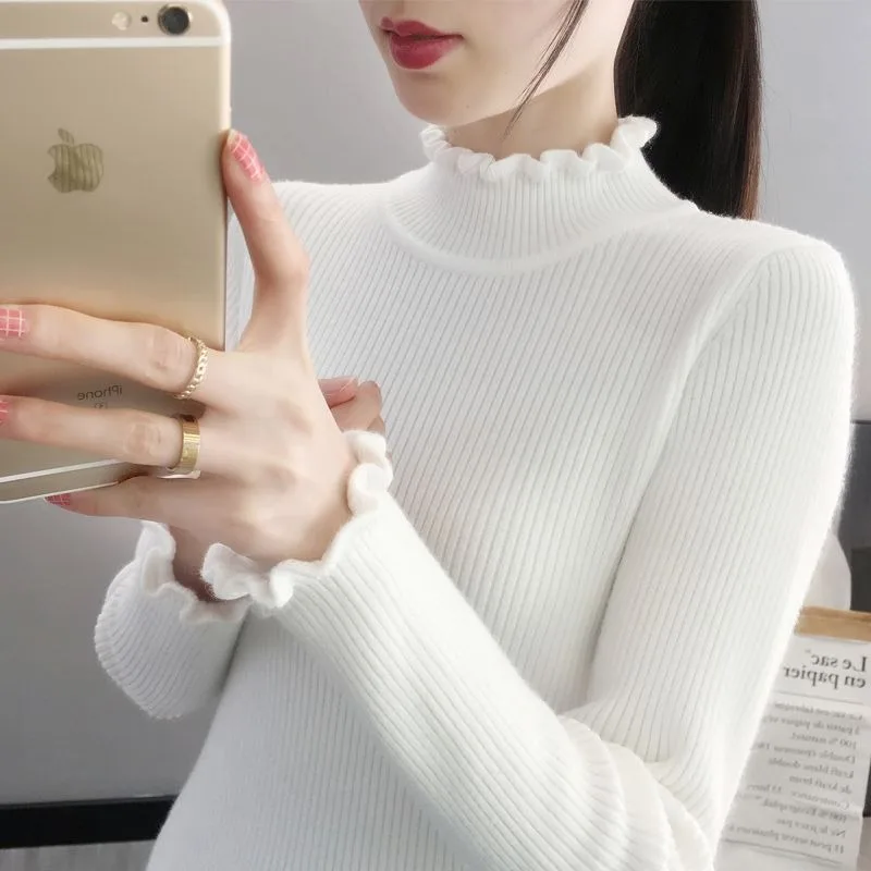 2023 Autumn Winter New Half Turtleneck Sweater Base Sweater Women Style Black Simple Sweater Top Slim Body Tight Long Sleeve