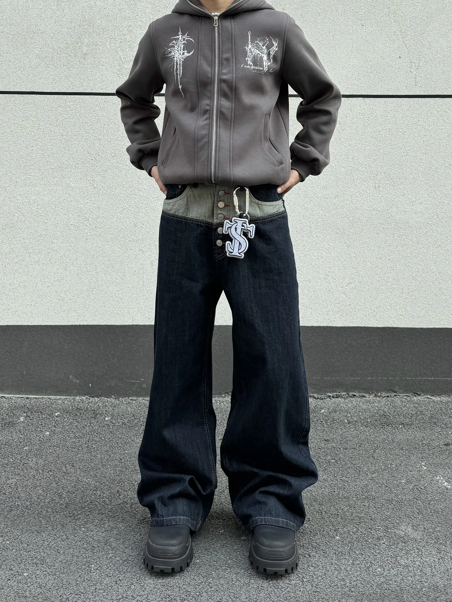 

American Design Spliced Wide Leg Loose Fit Button down Men's Jeans Youth Trendy Casual Wear All Seasons Straight Cut