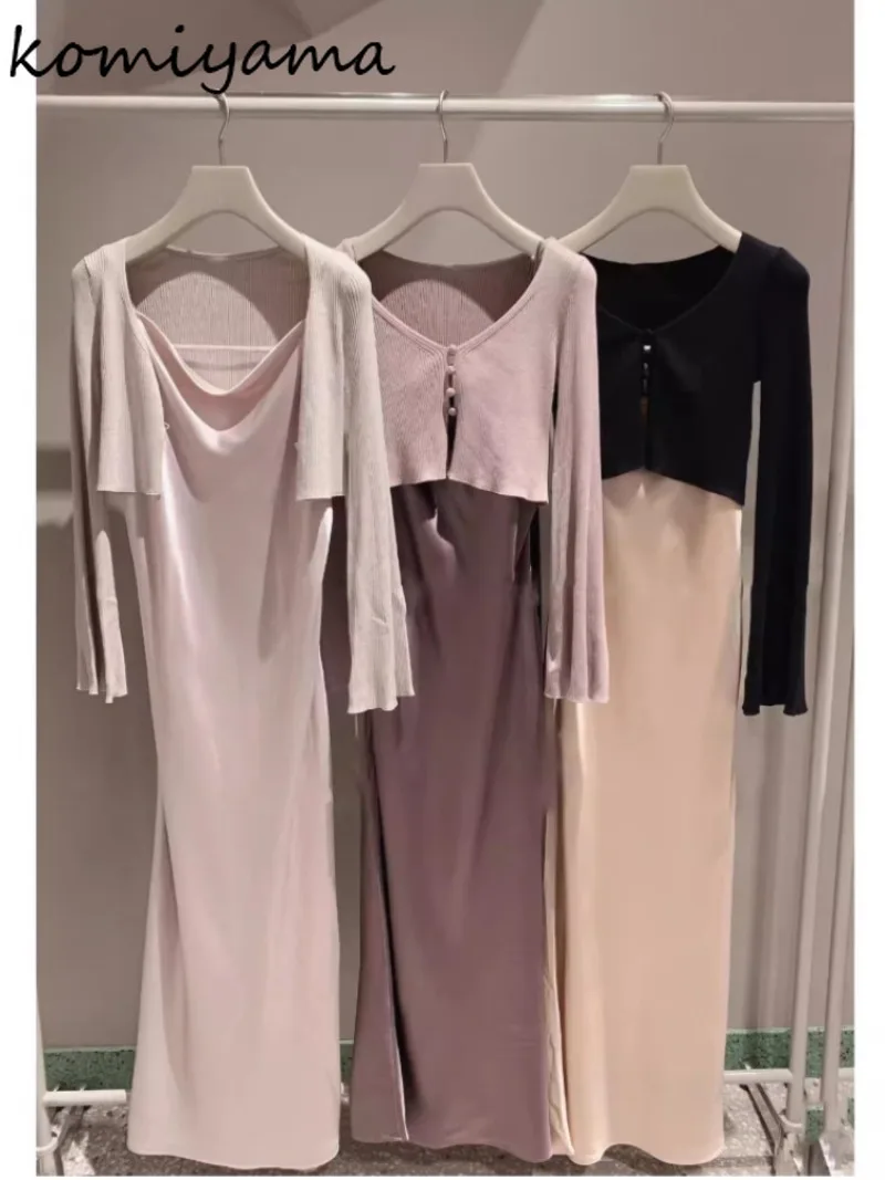 Japanese Sleeveless Vestidos Mujer Sexy Strap Dress Spring Satin Dresses Women Elegant Ropa Mujer with Sweater Cardigan