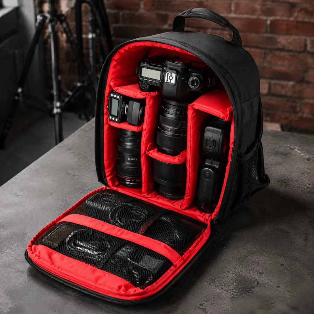 Compact Nylon Camera Backpacks Red Waterproof Digital Camera Backpack Outdoor Grade Video Camera Backpack For Unisex