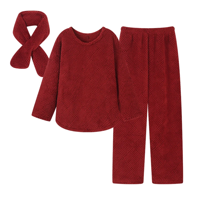 

Winter Thickened Pajamas Women With Scarf Flannel Pyjamas Home Furnishing Suit Coral Velvet Festival Red Color Leisure Home Wear