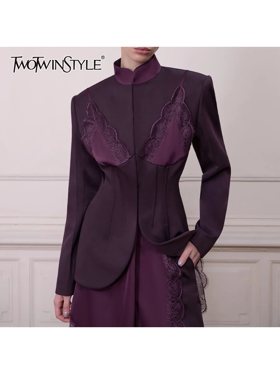TWOTWINSTYLE Solid Spliced Lace Up Slim Two Piece Set for Women Stand Collar Long Sleeve Top High Waist Midi Skirt Sets Female