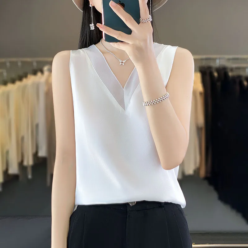 Women Fashion Solid Silk Camisole Summer Casual Loose V-neck Sleeveless Tank Top All-match Chic Top Tees 40-85Kg RWD20