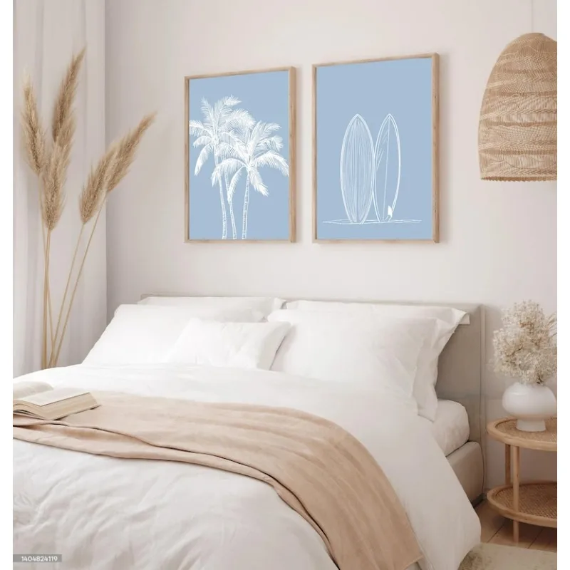2 Stück moderne tropische Küsten-Wandkunst-Poster, rahmenlose Palmen-Skizzen- und Surfbrett-Poster für Wohnzimmer- und Schlafzimmerdekoration