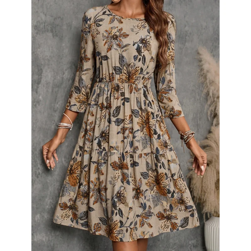 

2025 Women's Linen Print Dress with Round Neck and 3/4 Sleeves Elegant Fashion Long Dress C001