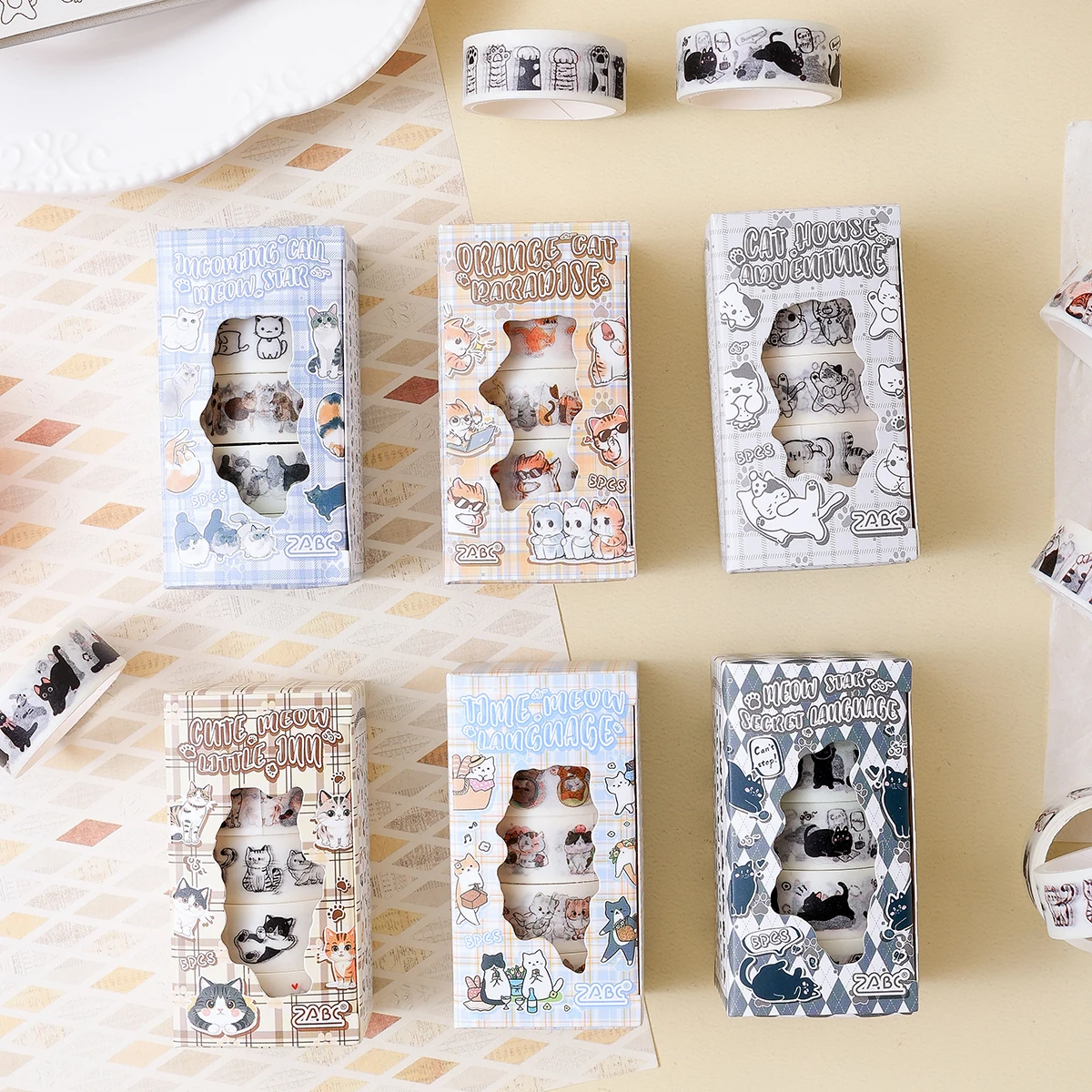 Juego de 5 rollos de cintas washi con estampado de animales, patrón creativo de gato, manual DIY y cinta decorativa para álbum de recortes