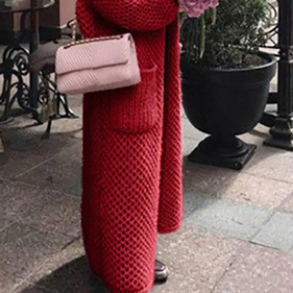 2024 Women Casual Red Cardigan Sweater Coat Lapel Long Sleeve Ankle Length Sweater Coat With Pockets