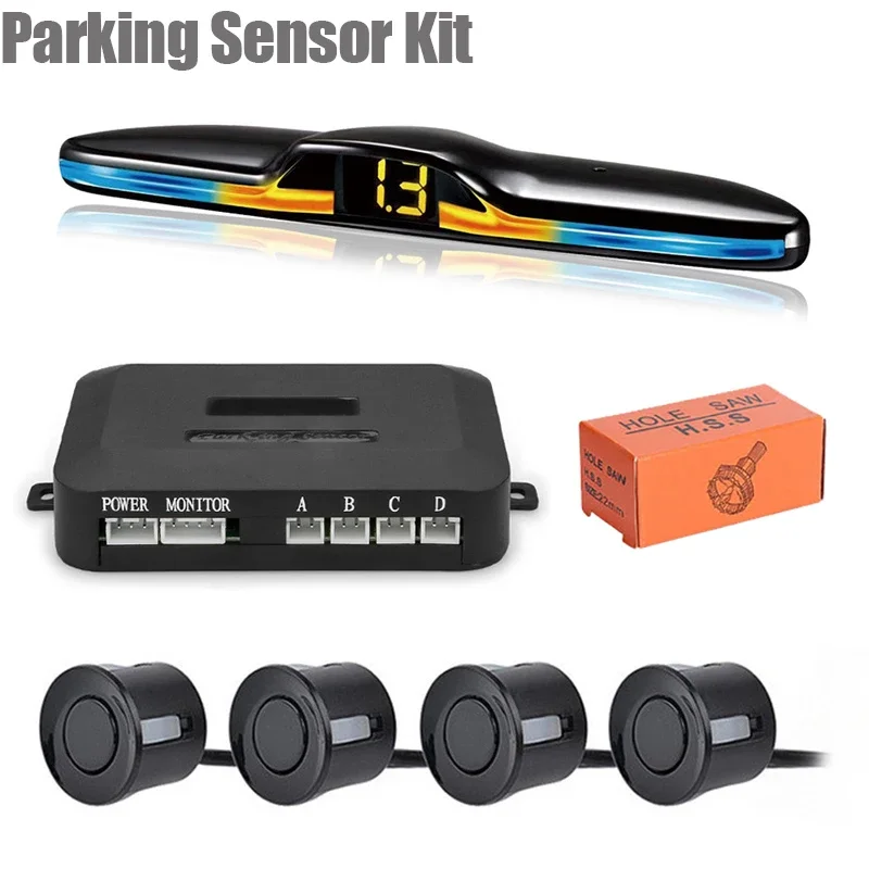 

New LED Parking Sensor System Backlight Parktronic Monitor Display Kit Backup Detector Assistant 4 Probes Car Reversing Radar