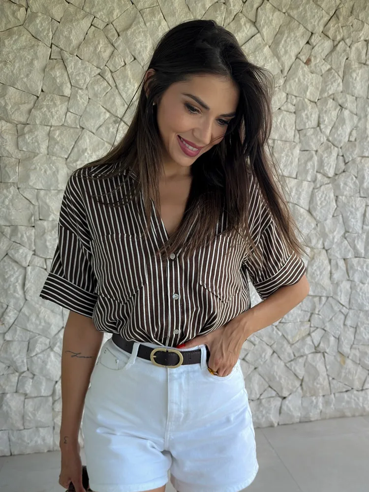 UNIZERA Damen-Freizeithemd aus Leinenmischung mit weitem Ärmel und Kragen, vielseitiges, minimalistisches Design, kurzes Sommer-Pendler-Top