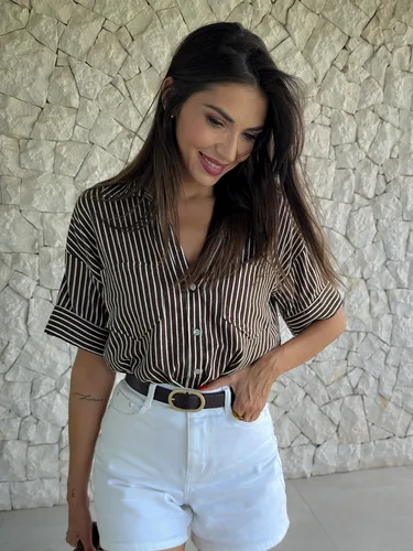 Imagen 2 del producto UNIZERA Camisa informal de mezcla de lino con cuello de manga ancha para mujer, diseño minimalista versátil, Top corto para ir al trabajo de verano