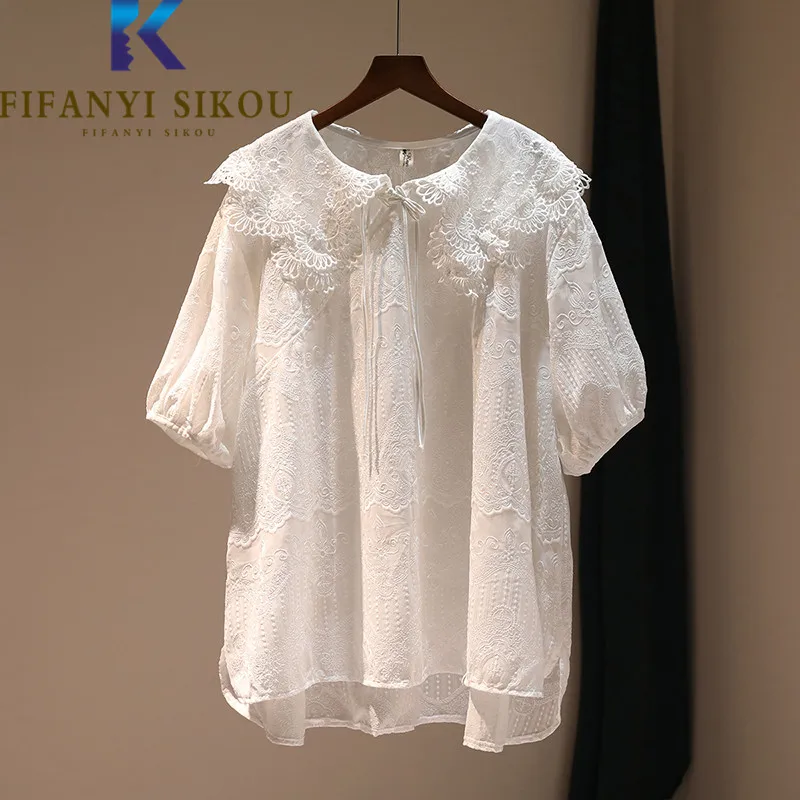 

White Chiffon Shirt Women Lace Embroidery Fashion Peter Pan Collar Short Sleeve Shirts Summer Loose Tops Casual Blouses Female