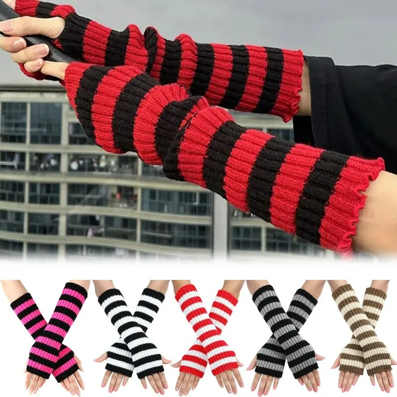 

Новые женские вязаные рукава без пальцев в готическом стиле, полосатые зимние длинные гетры для девочек, Harajuku Y2K, модные наручные перчатки