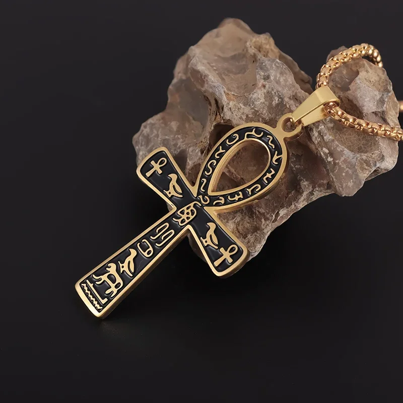 Stainless Steel Ancient Egyptian Ankh Cross Totem Pendant Necklace Men\'s Pharaoh Life Key Amulet Jewelry