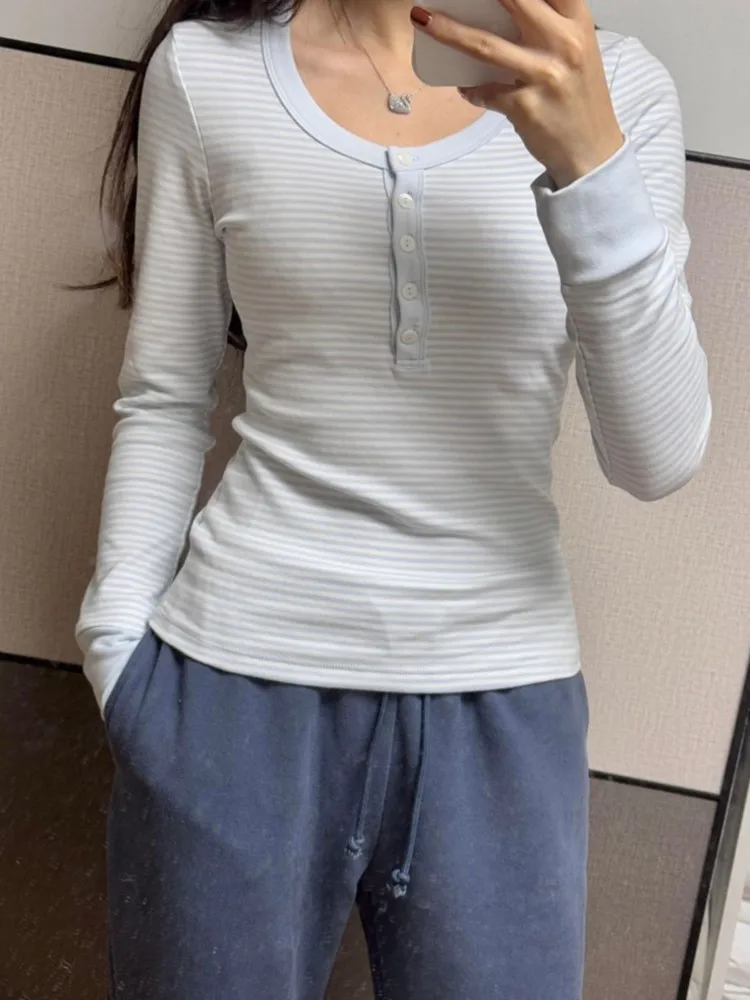 

Sweet Blue Striped Patchwork Slim T-shirt Women Buttons O-Neck Cotton Long Sleeve Tee Preppy Style Cute Vintage T Shirt Y2K Top