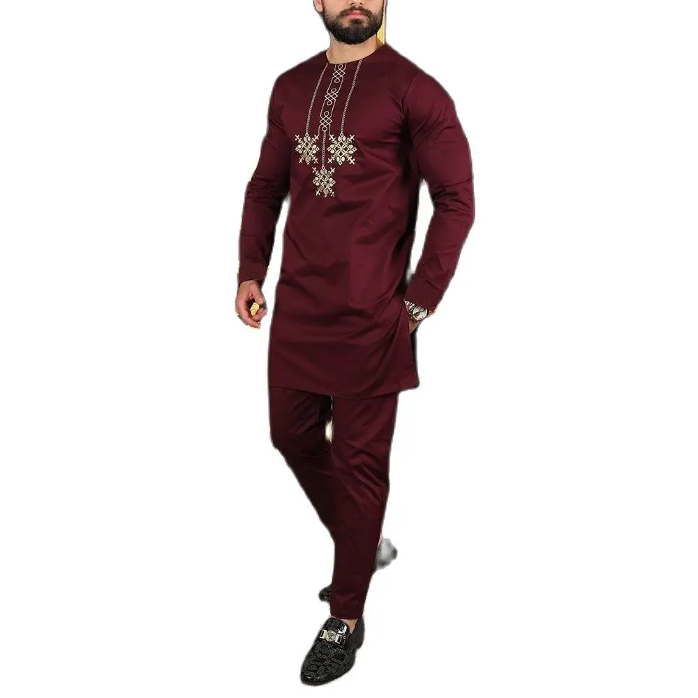 African Summer Men Clothing Wedding Trendy Dashiki Dresses Embroidered Ethnic Ropa Hombre 2 Piece Outfit T-Shirt Pants Set