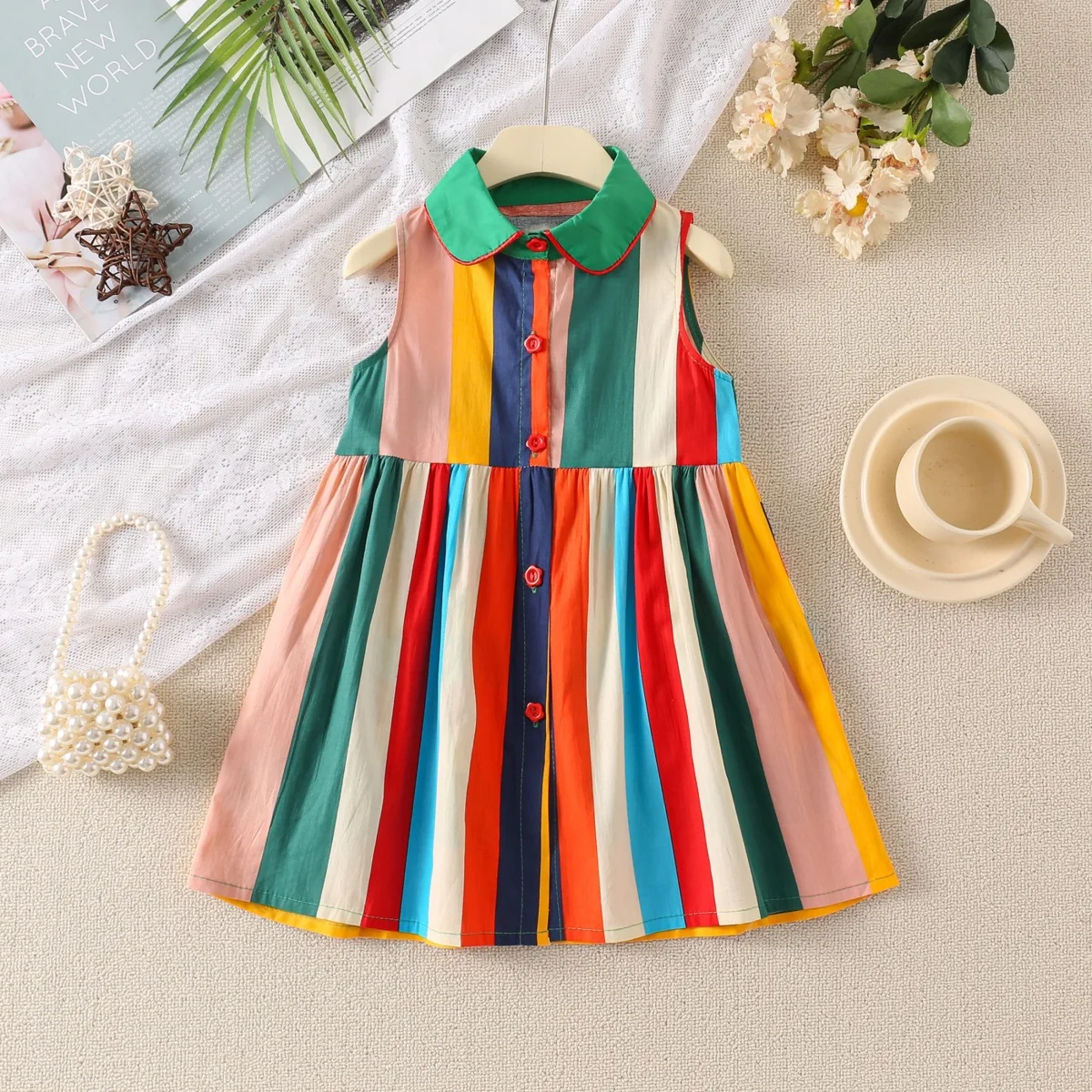 Humor Bear Summer Dress Casual Color Contrast Clothing Jumper Striping Holiday Wear Children's Clothing