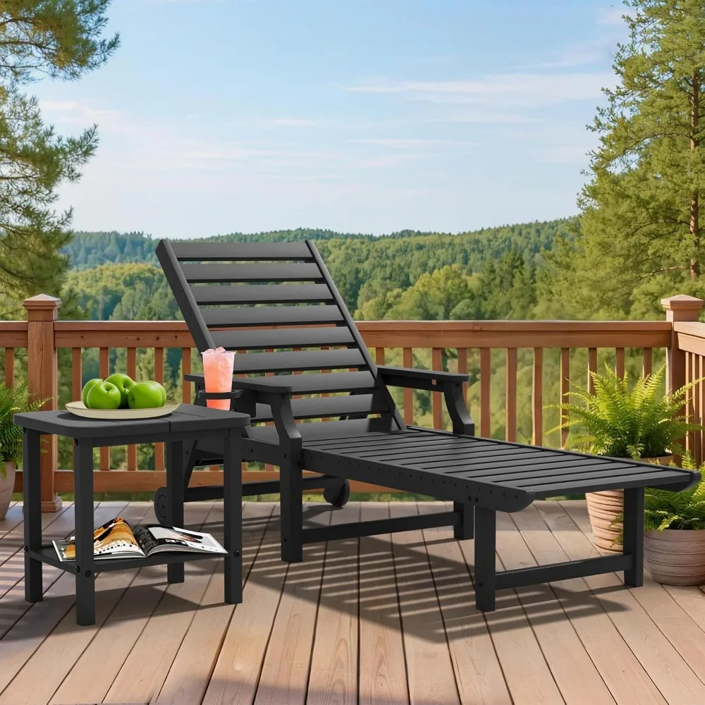 5-Position Adjustable Patio Chaise Lounge, 78'' HDPE Outdoor Lounger with Rolling Wheels & Cup Holder, Longer, Customized
