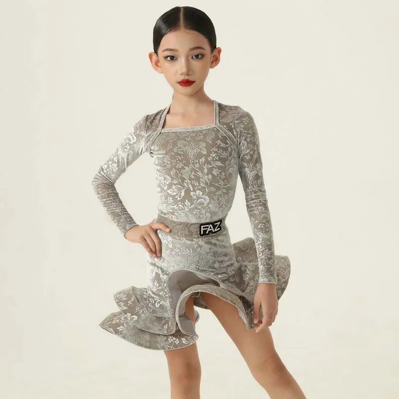 

Grey Latin Dance Suit Girls Dancing Competition Costume Rumba Clothing ChaCha Stage Wear Latin Dance Bodysuit Practice Skirt 944