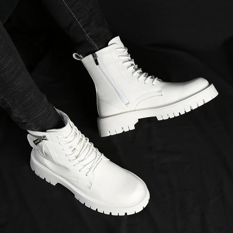 Fashion White Boots For Men New British Style Platform Motorcycle Boots Good Quality Casual Men’s High Top Leather Shoes Punk