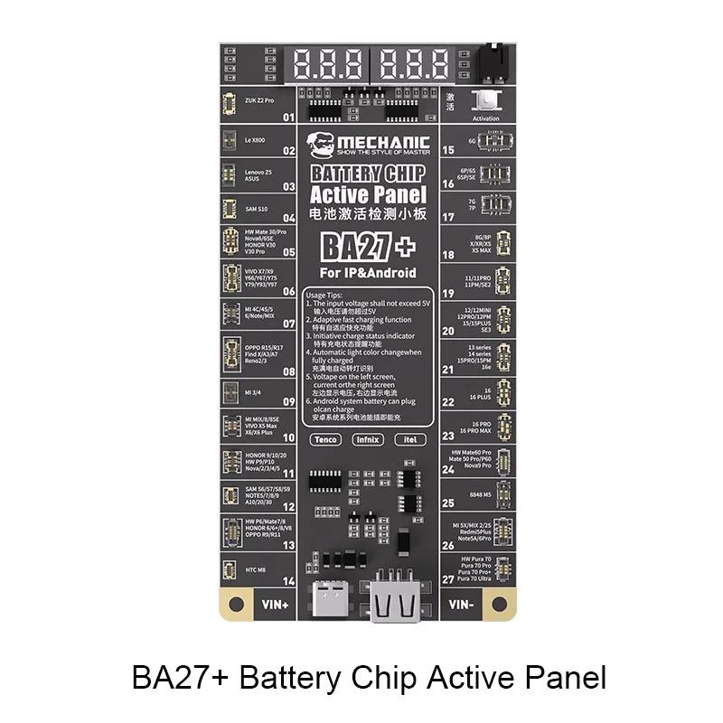 Mechanic BA27+ Battery Chip Active Panel Fast Charge One-click Activation Tool for Phone 6-16PM and Android Detection Board
