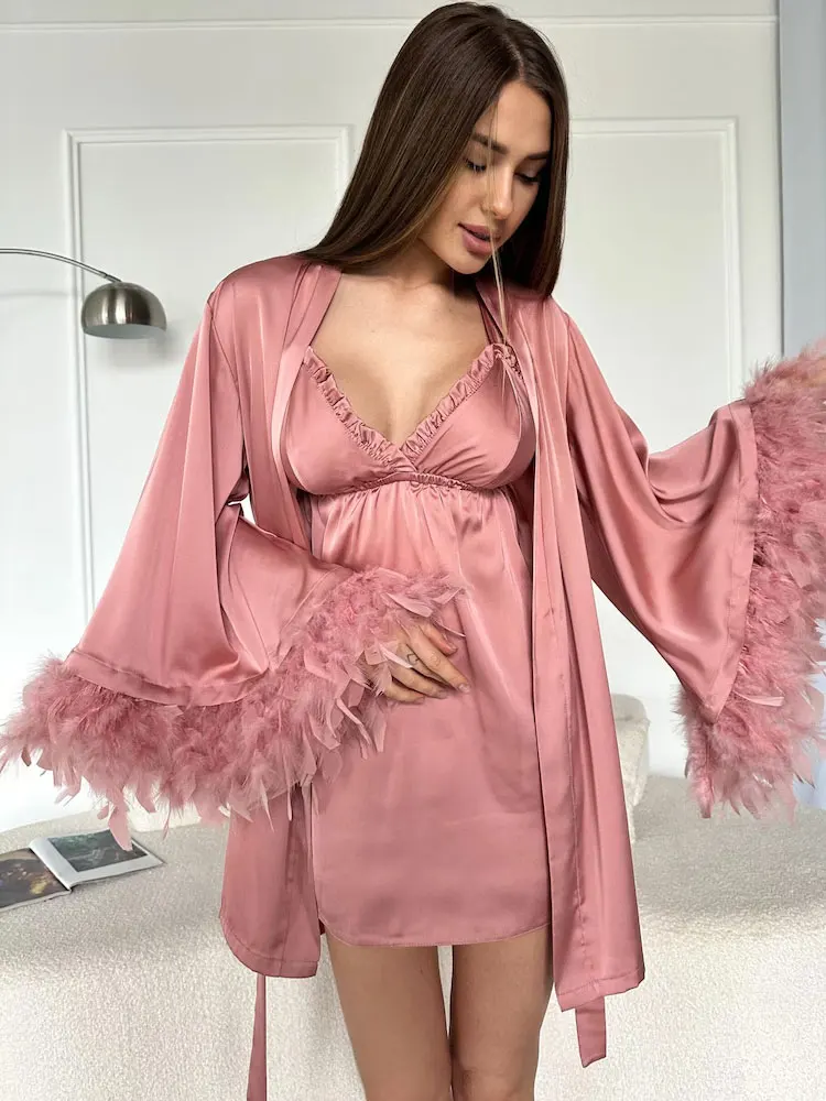 

Dusty Pink Feather Robe Set Women's Sexy Robes with Nightdress Bridal Powder Nightgown Silk Robe with Detachable Feather Sleeves