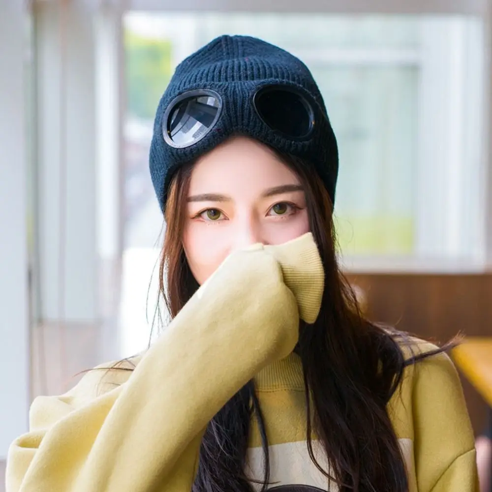 

Pullover Cap Pilot Glasses Cap Ear Protection With Glasses Skullies Caps Women Wool Caps Korean Beanies Knitted Hats Ski Cap