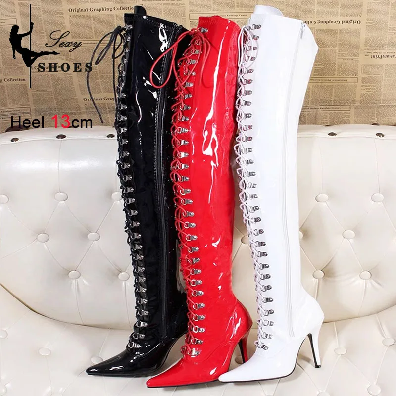 Stivali a punta donna inverno peluche scarpe calde cerniera nera Lace Up modello Sexy tacchi alti 2023 New Night Club Lady stivali alla coscia