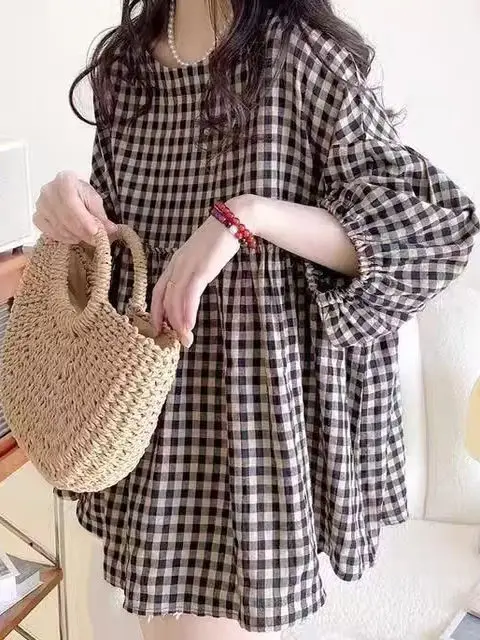 

plus Size Women's Cotton Linen Puffy Doll irt Korean Sle round Ne Lantern Sve Plaid Loose Fit Commute Faion