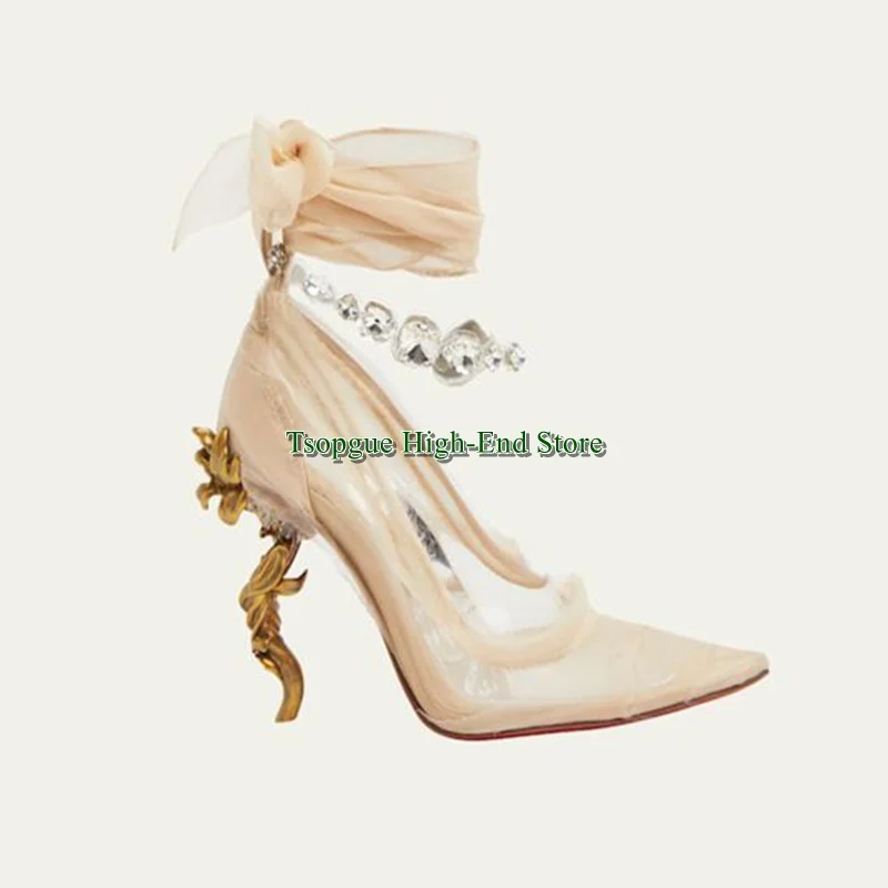 Pointed Toe Mesh Special-Shaped Heel Rhinestone Single Shoes Large Size Ankle Strap High Heels