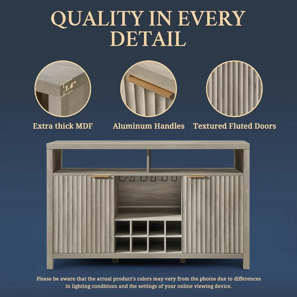 Barkasten Midden Eeuw-51 "Buffetkast Met Opslag & Wijnrek, 32.8" Hoge Drankkast Voor Keuken (Grijs Eiken)