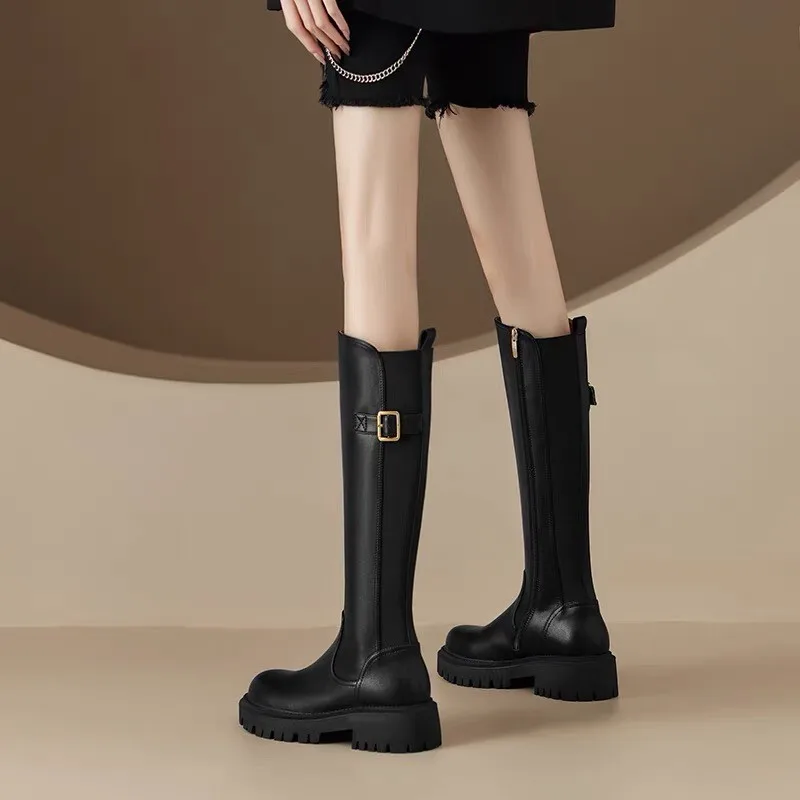 

Коричневые женские сапоги до колена на толстой подошве с боковой молнией, зимние хит продаж 2025, модные рыцарские высокие сапоги