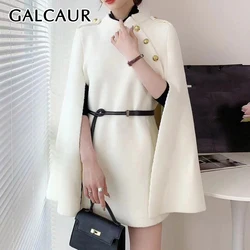 GALCAUR Patchwork Belt Elegant Chic Coats For Women O Neck Long Sleeve Spliced Cape Shawl Temperament Coats Female Fashion Style