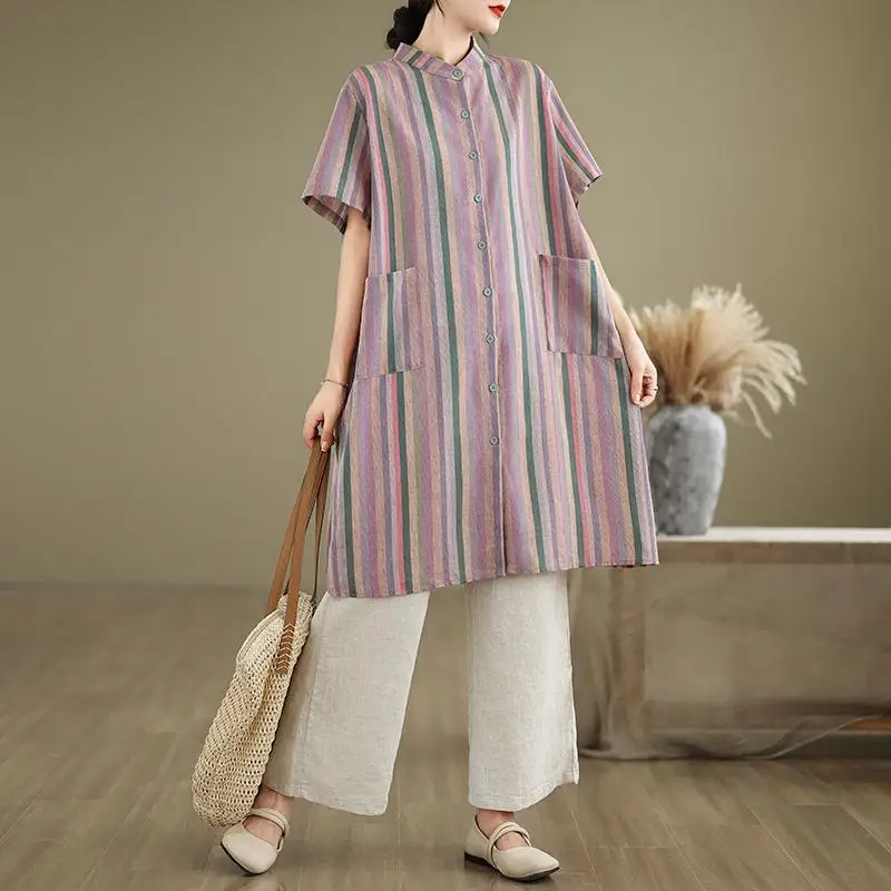 New Arrival 2024 Summer Arts Style Women Stand Collar Loose Long Shirt Double Pockets Vintage Striped Cotton Linen Blouse Tops