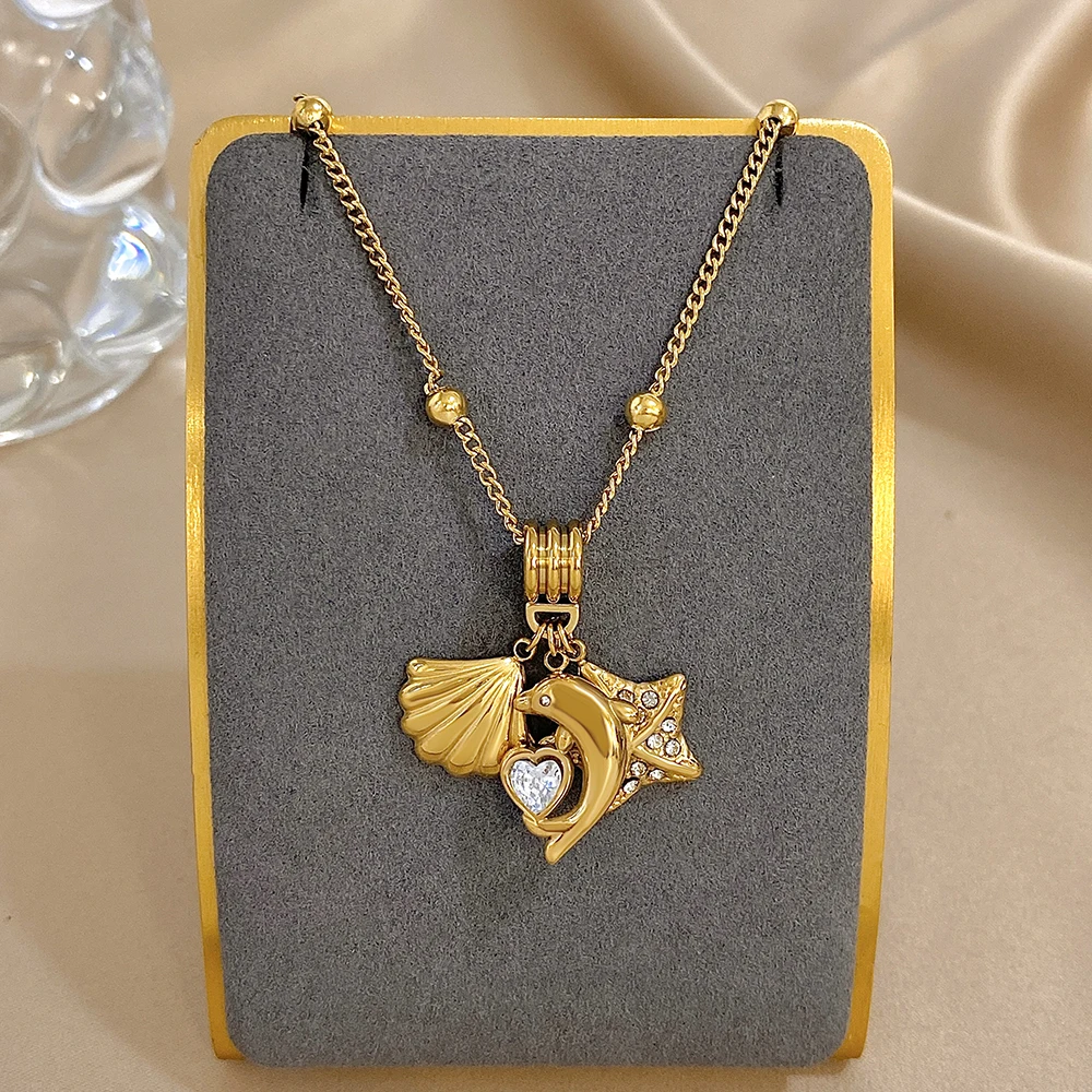 

DODOHAO Scallop Starfish Women's Pendant Necklaces Crystal Lover Heart Necklaces Stainess Steel Fashion Jewelry Beach Style