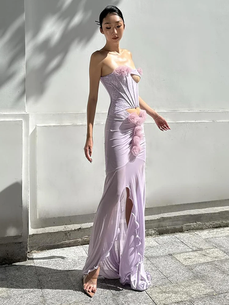 여성용 VC 플로럴 코르셋 메쉬 롱 드레스 – 컷아웃 뷔스티에 이브닝 드레스, 3D 로제트 슬림핏 머메이드 맥시 드레스