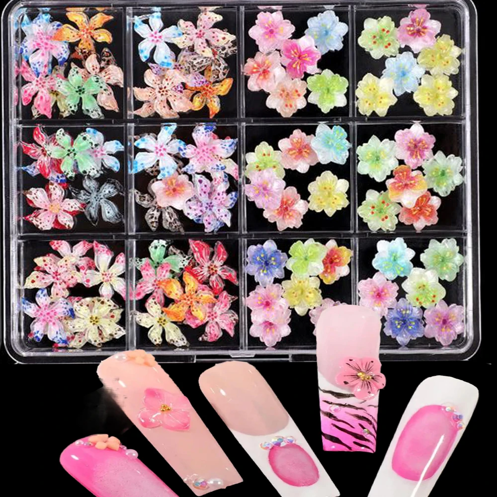 12Grids 3D Mixed Lily Flower Cherry Blossom Nail Charms Multicolor Resin Spotted Floral Sakura Nail Decoration DIY Nails Supplie