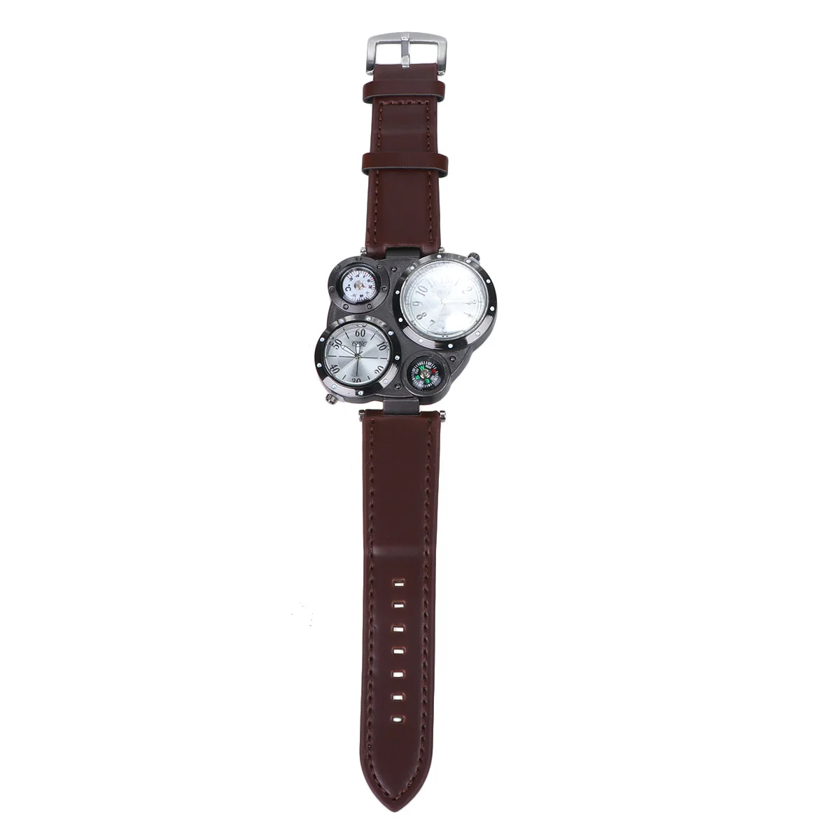 

Temperature Compass Watch For Men Black Case Deep Coffee Band Multi-Dial Quartz Outdoor Sports Hiking