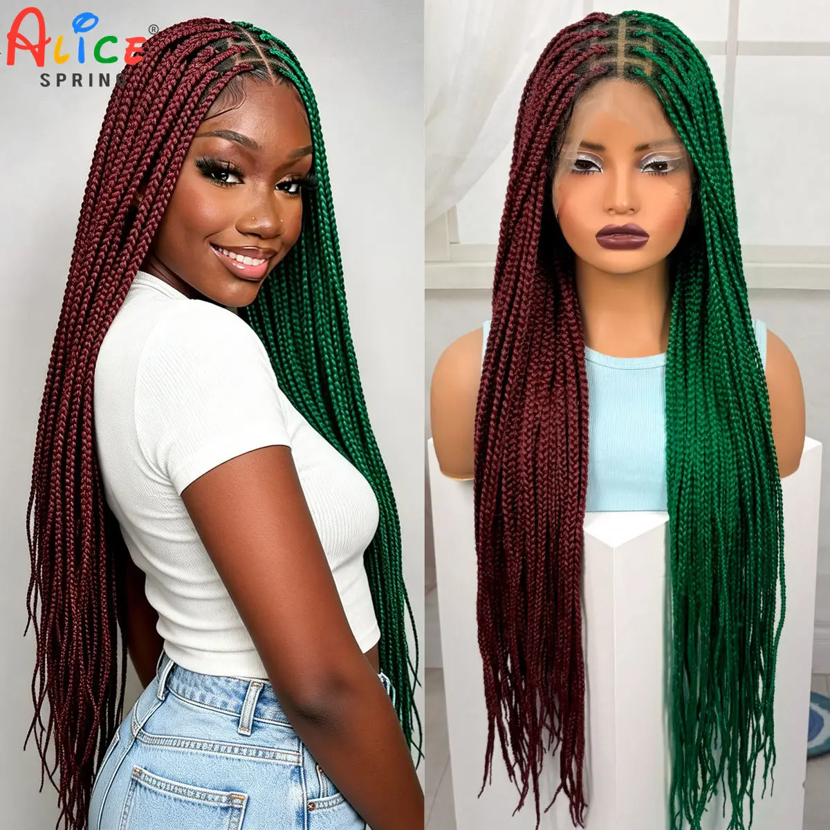 36inch Red-Green Box Braided Wigs Synthetic Full Lace Knotless Braids Wigs with Baby Hair Colored Braids Wig for Black Women