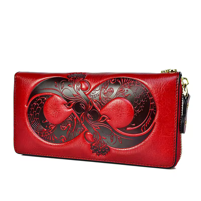 Vintage Genuine Leather Woman Wallet 2026 New Floral Real Cow Leather Purse Ladies First Layer Cowhide Clutch Bag