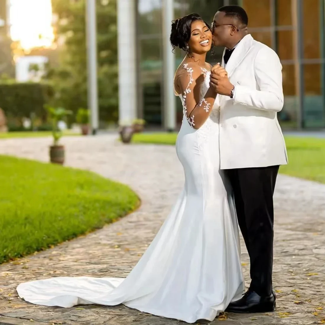 Suknia ślubna z aplikacjami z koronki scoop, szyta na miarę, dla panny młodej, ślub w ogrodzie, afrykańskie długie rękawy, suknie ślubne.