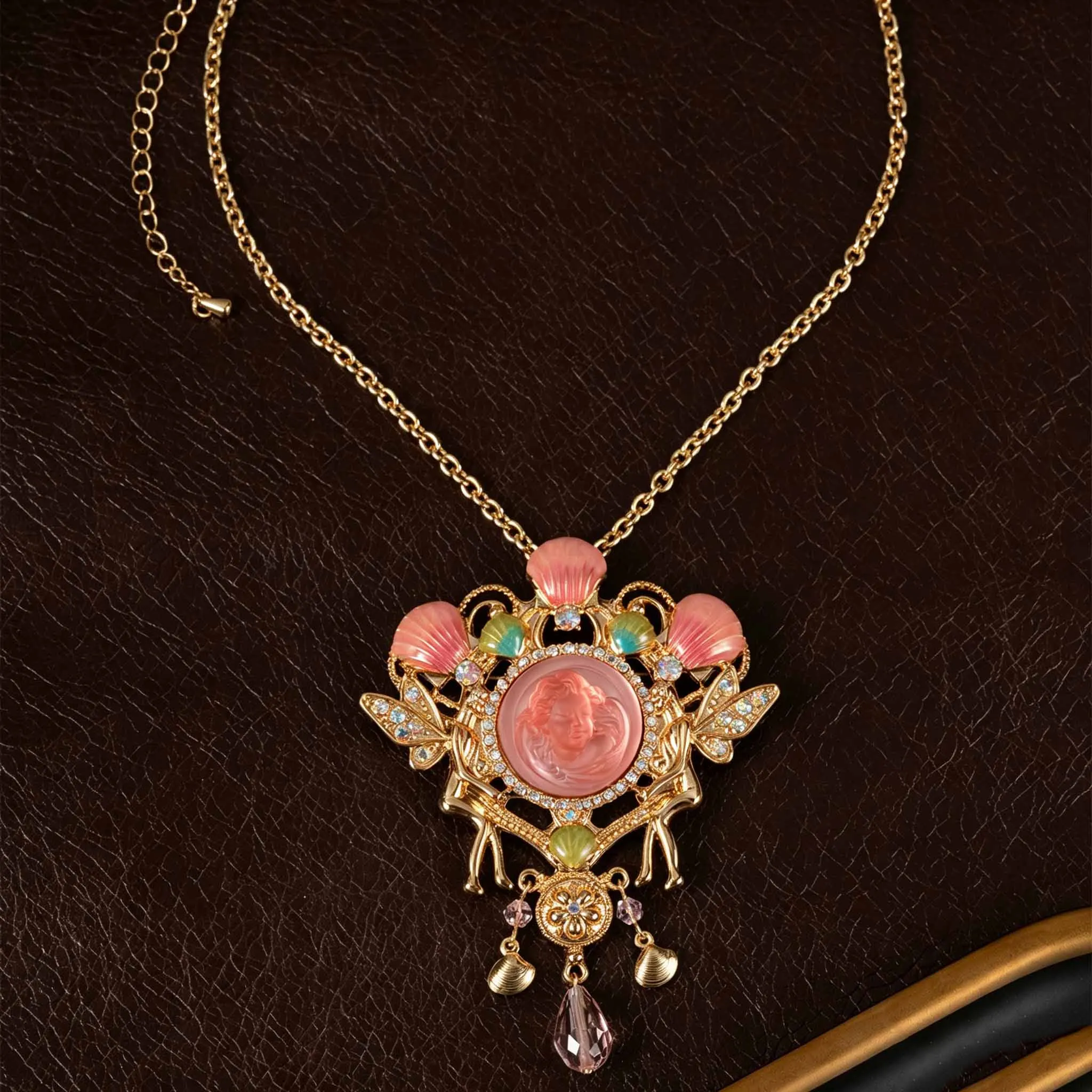 Vintage Pink Moonstone Sleep Angel Brooch Magnetic Pendant Necklace Dual-Use Butterfly Corsage Jewelry Birthday Gifts for Women