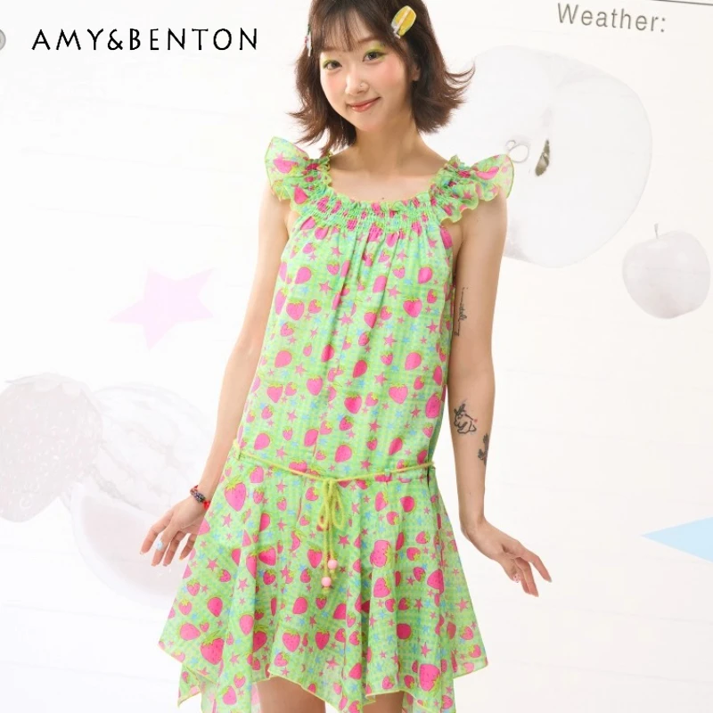 

Summer Sweet Fruit Illustration Women's Short Dress Japanese Design Irregular Flying Sleeves Cute Age-reducing Dresses Ladies