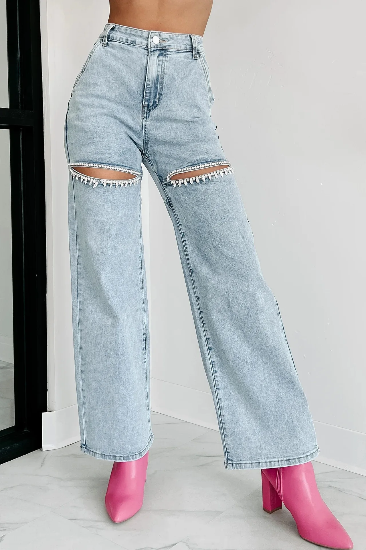 

Women Denim Pants Spring Summer Fashion Rhinestone Hollow Out Straight Denim Pants Casual Baggy High Waist Wide Leg Jeans