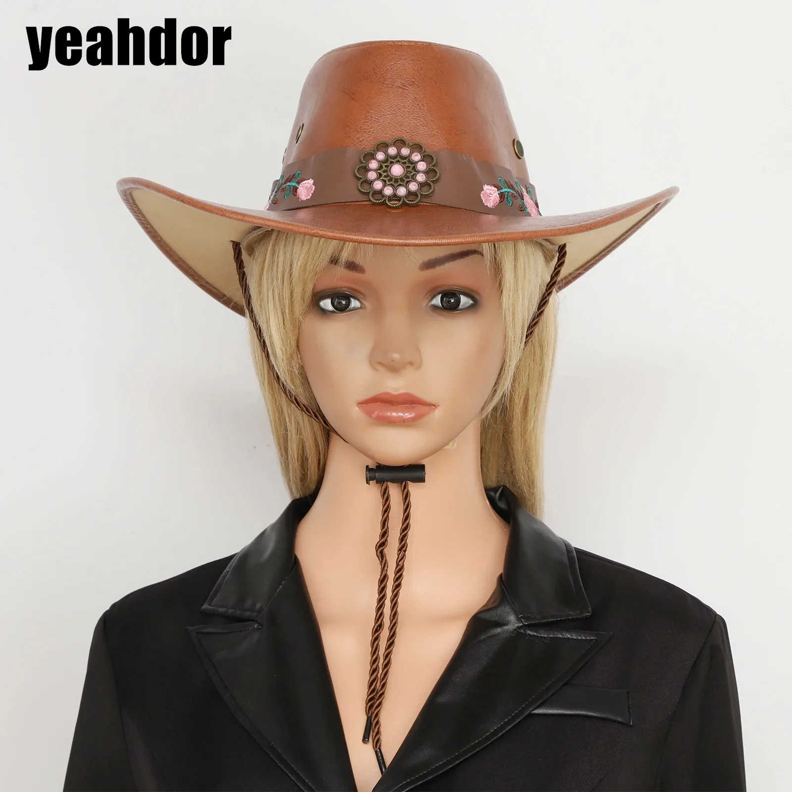 

Adult PU Leather Hat Men Women Cowboy Cowgirl Hat Flower Embroidery Wide Brim Hat Travel Party Dress Up Accessory Halloween Hat