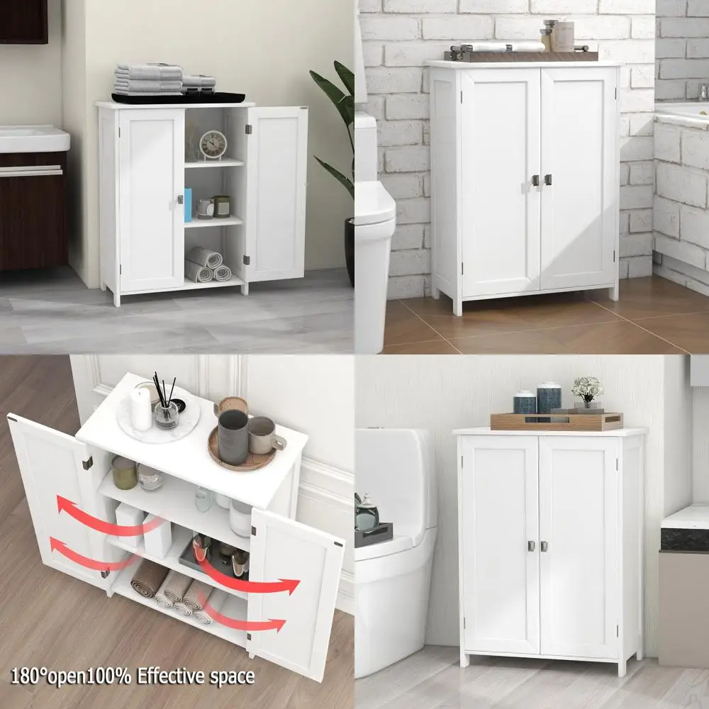 

White Dual-Door Bathroom Floor Cabinet for Compact Storage in Living Room and Entryway