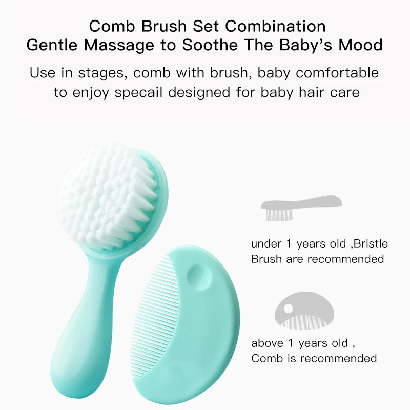 Cute 2 in 1 Eco-friendly Infant Care Baby Comb Brush Set Soft Bristles Hair Brush Round Shape