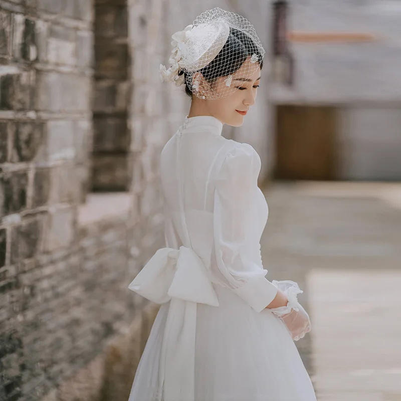 

French Style Light New Bride Wedding Travel Shoot Outdoor Dress Marriage Certificate Vintage Forest Style Little White Dress