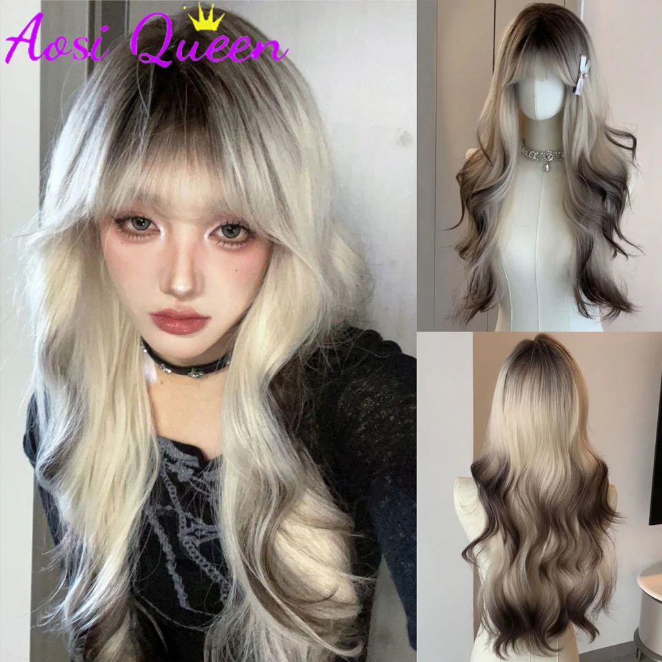 

AOSI Synthetic Gradient Highlighted Long Curly Hair Paris Dyed Top Wig Female Long Hair Woven Air Bangs Wig