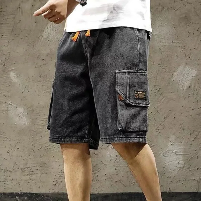 

Man Denim Shorts with Pockets Cargo Text Short Jeans Pants for Men Xxxl Blue Cut Buttons Korean Style Harajuku Jorts Xl Thin