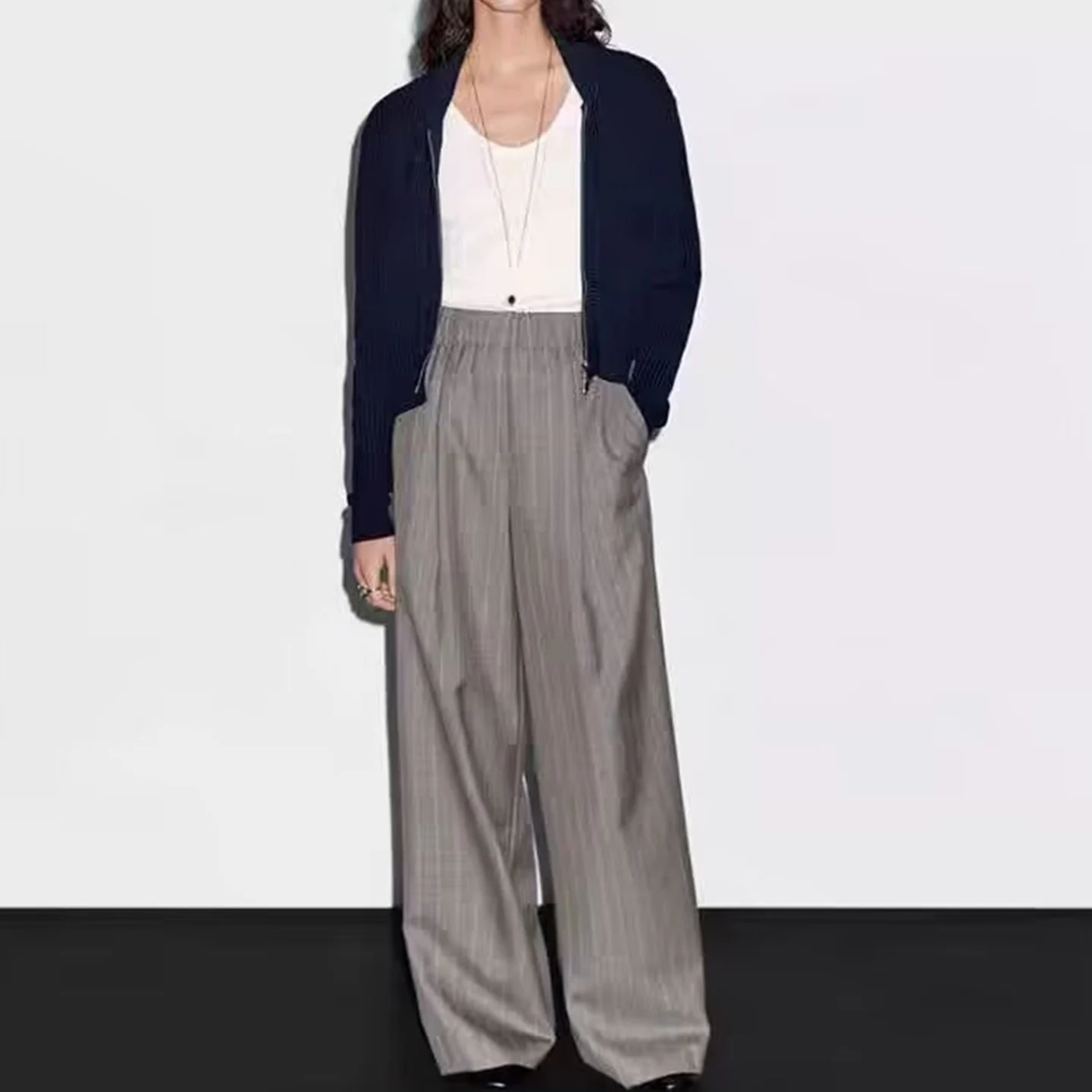 2025 خريف جديد Sle المرأة Faion بنطال ذو قصة أرجل واسعة مخطط ضيق الخصر عالية الخصر مستقيم قطع السراويل الطويلة للسيدات #2